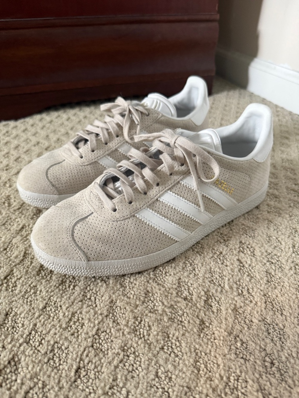 adidas Gazelle Women's Beige Suede Sneakers with White Stripes